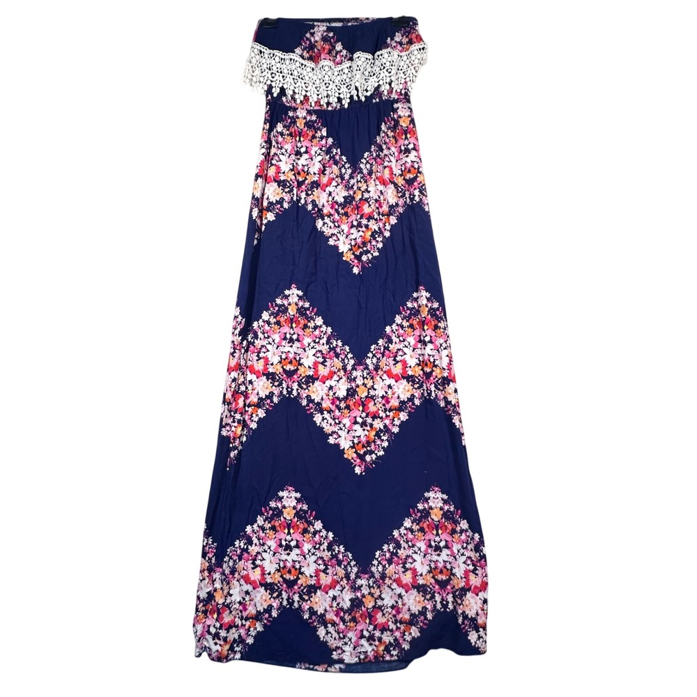 Trixxi Strapless‎ Maxi Dress Women's Small Floral Print Crochet Trim Boho Chic - Picture 5 of 8